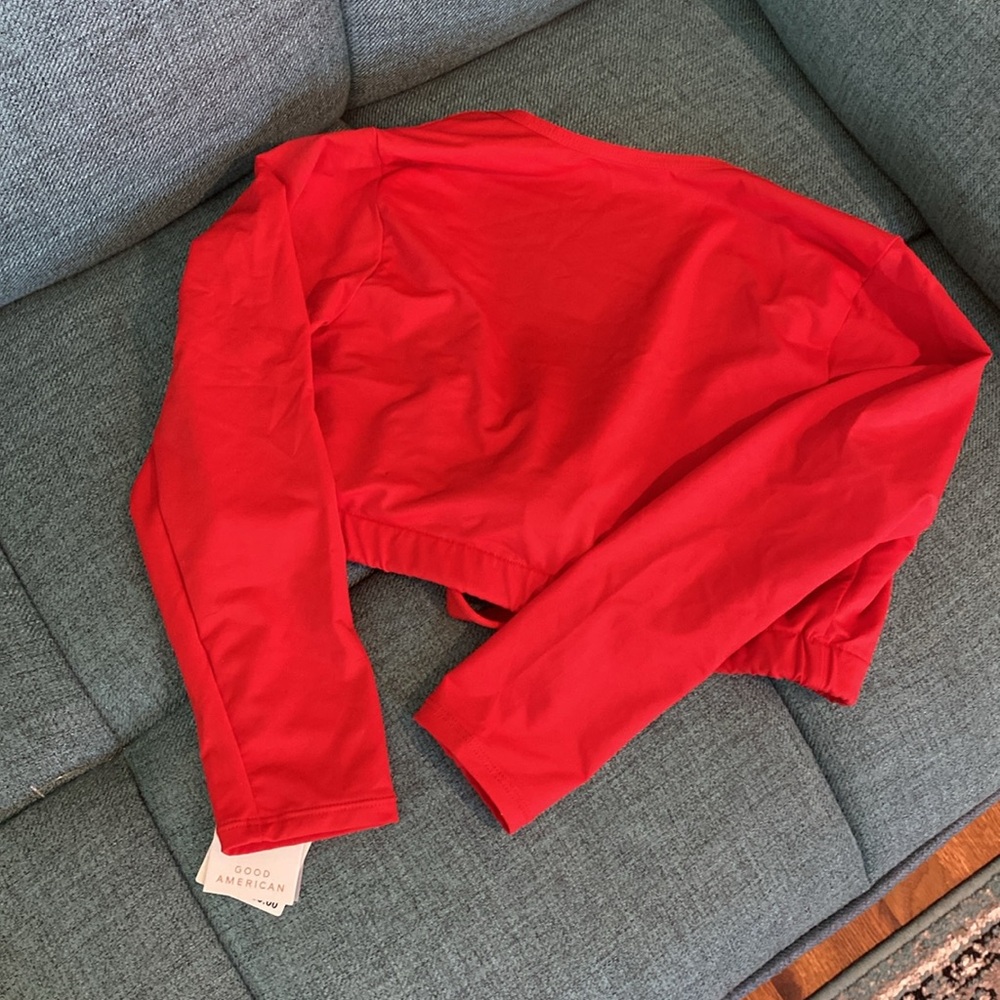 Good American Sexy Boost Swim Top 3/4 Sleeve Tie Front Bright Poppy Red 2 US M - Picture 6 of 6